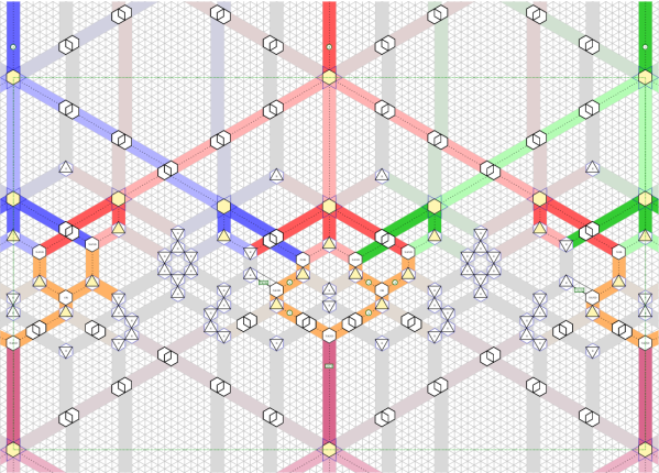 A large array of triangles and colored lines showing the folding pattern of the origami computer